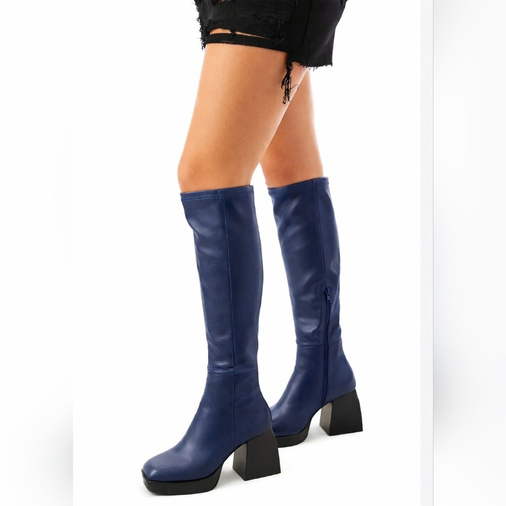 Jeffrey Campbell Dauphin Knee High Boots Platform Heels '90s Square Navy Blue 10